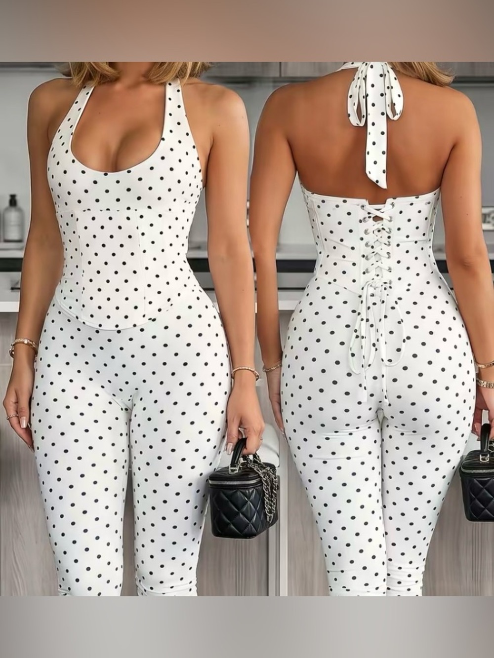 Polka Dot Halter jumpsuit in White and black - Picture 2 of 2